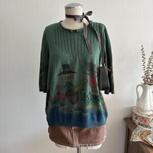 Green and blue fall cat print knit sweater